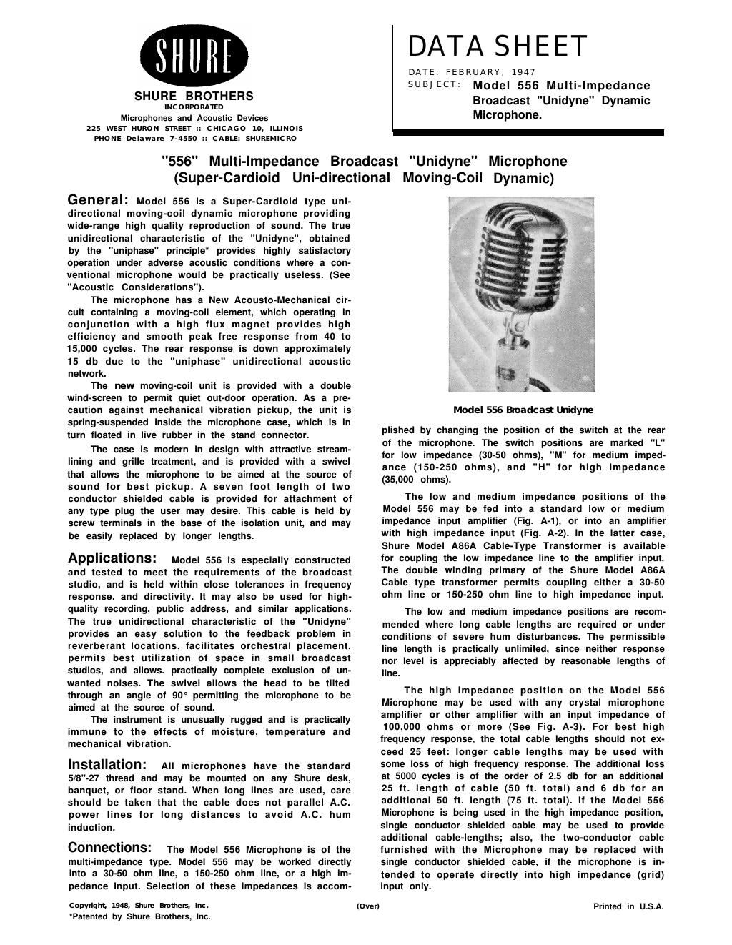 shure 556 data sheet