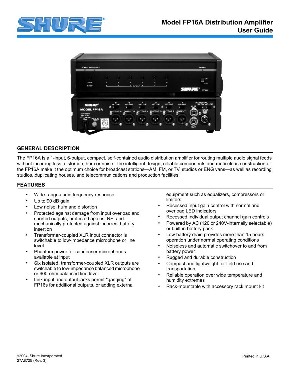 shure fp16a owners manual