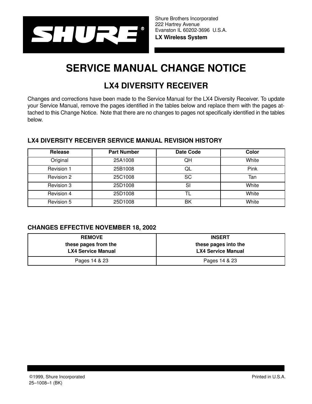 shure lx4 wireless receiver service manual