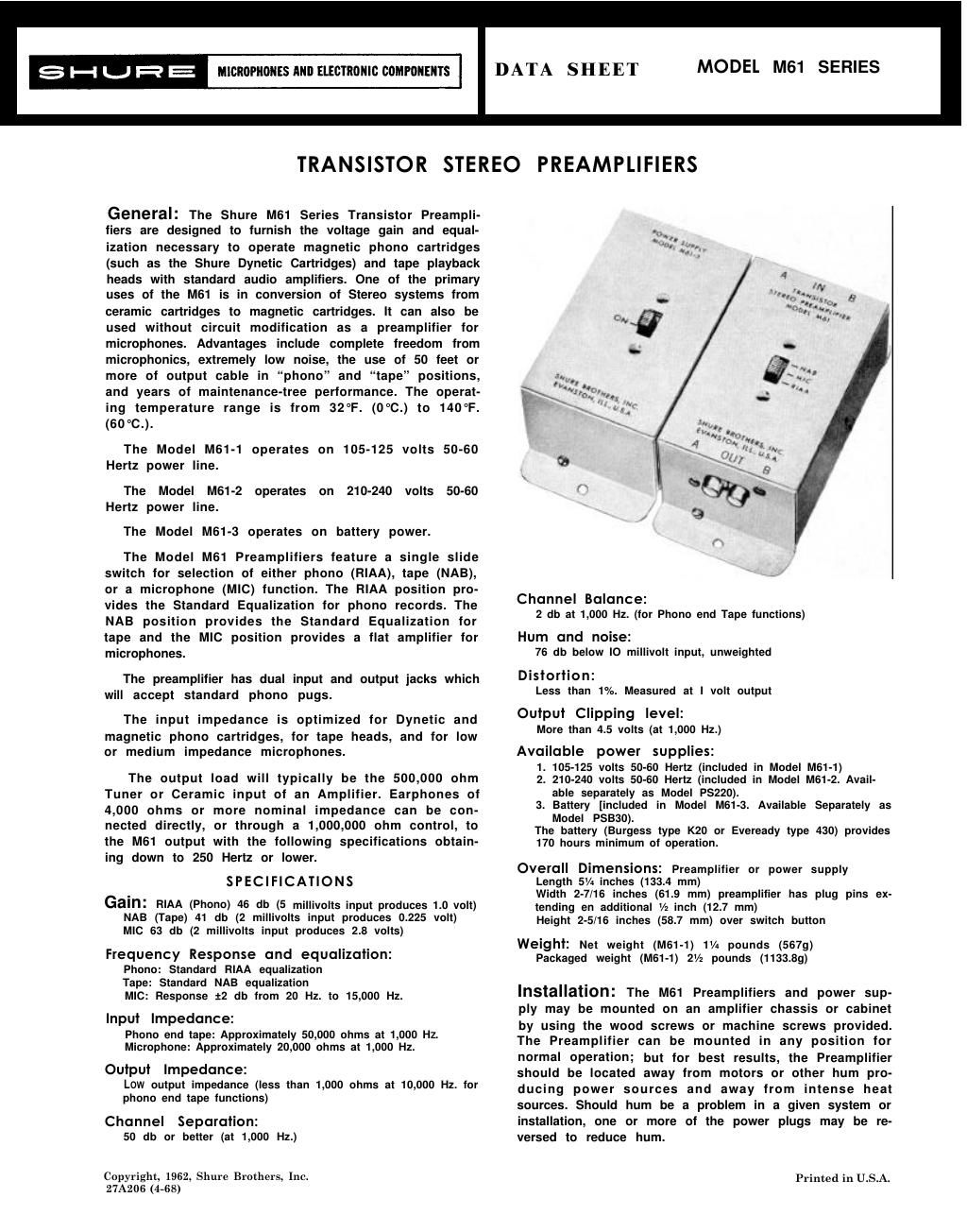 shure m 61 owners manual