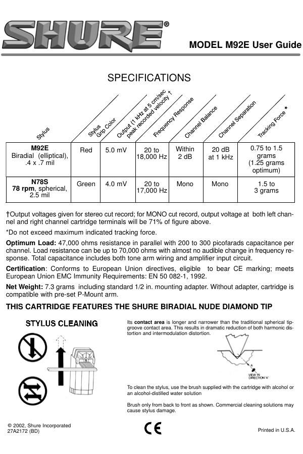 shure m 92 e owners manual