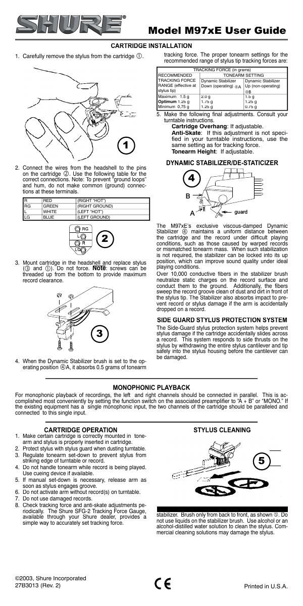 shure m 97 xe owners manual