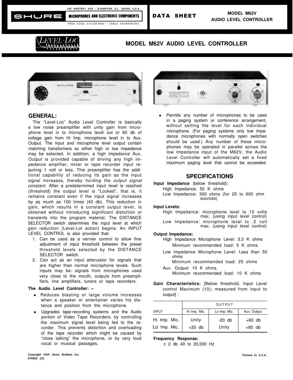 shure m62v owners manual