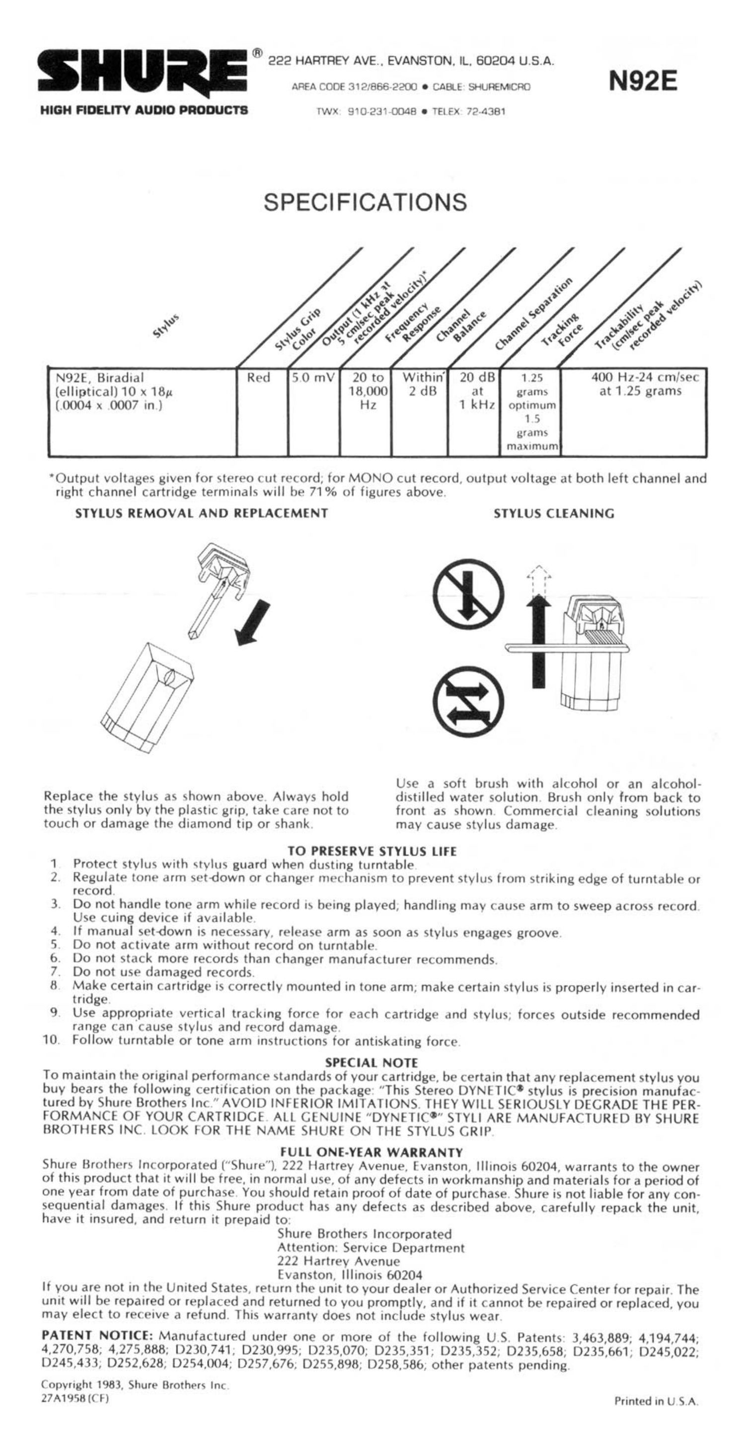 shure n 92 e owners manual