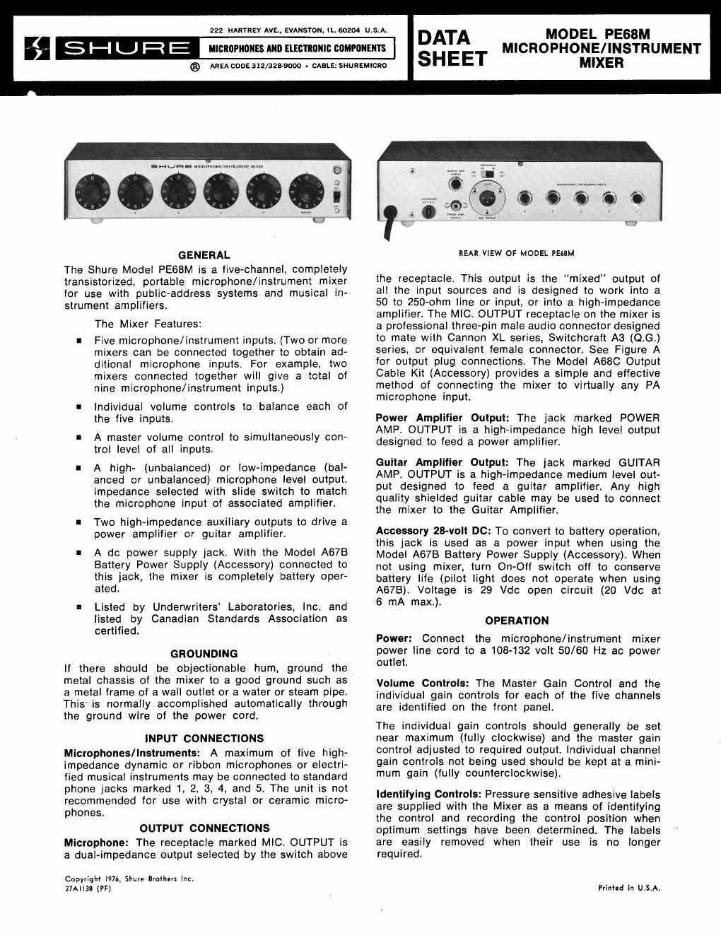 shure pe68m owners manual