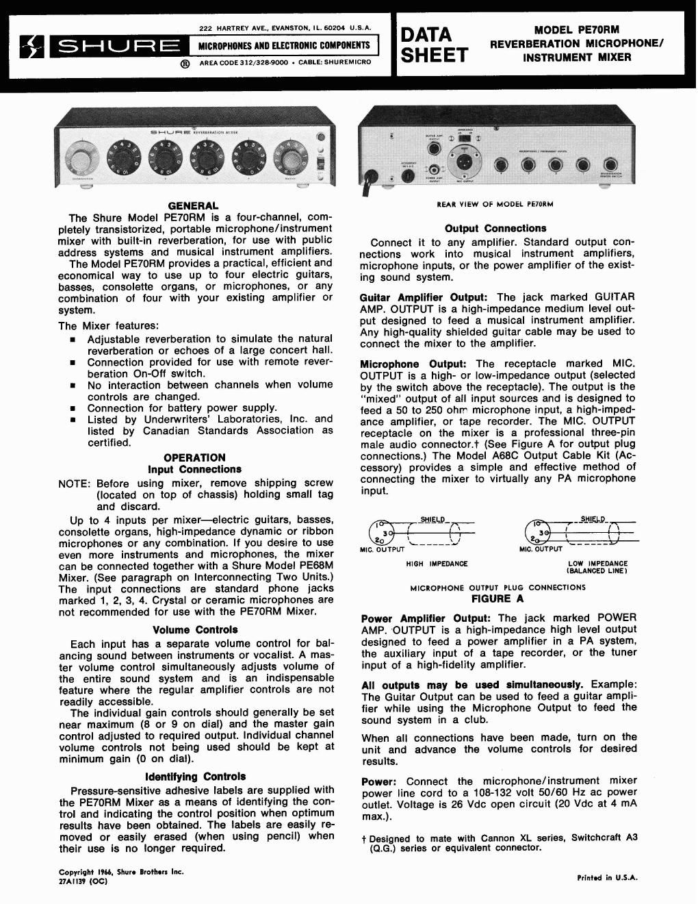 shure pe70rm owners manual