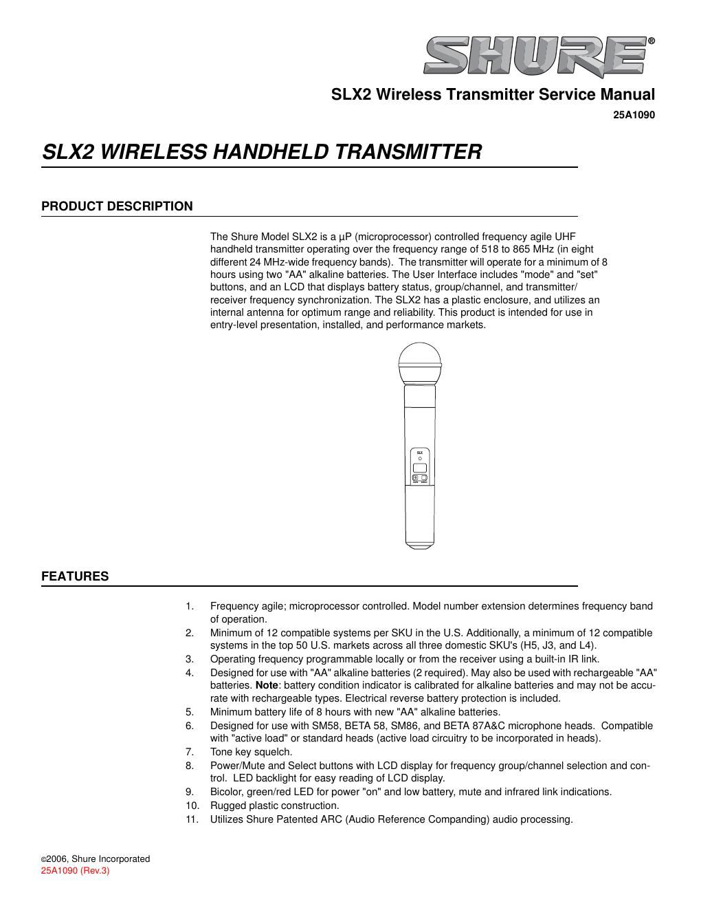 shure slx2 wireless mic service manual