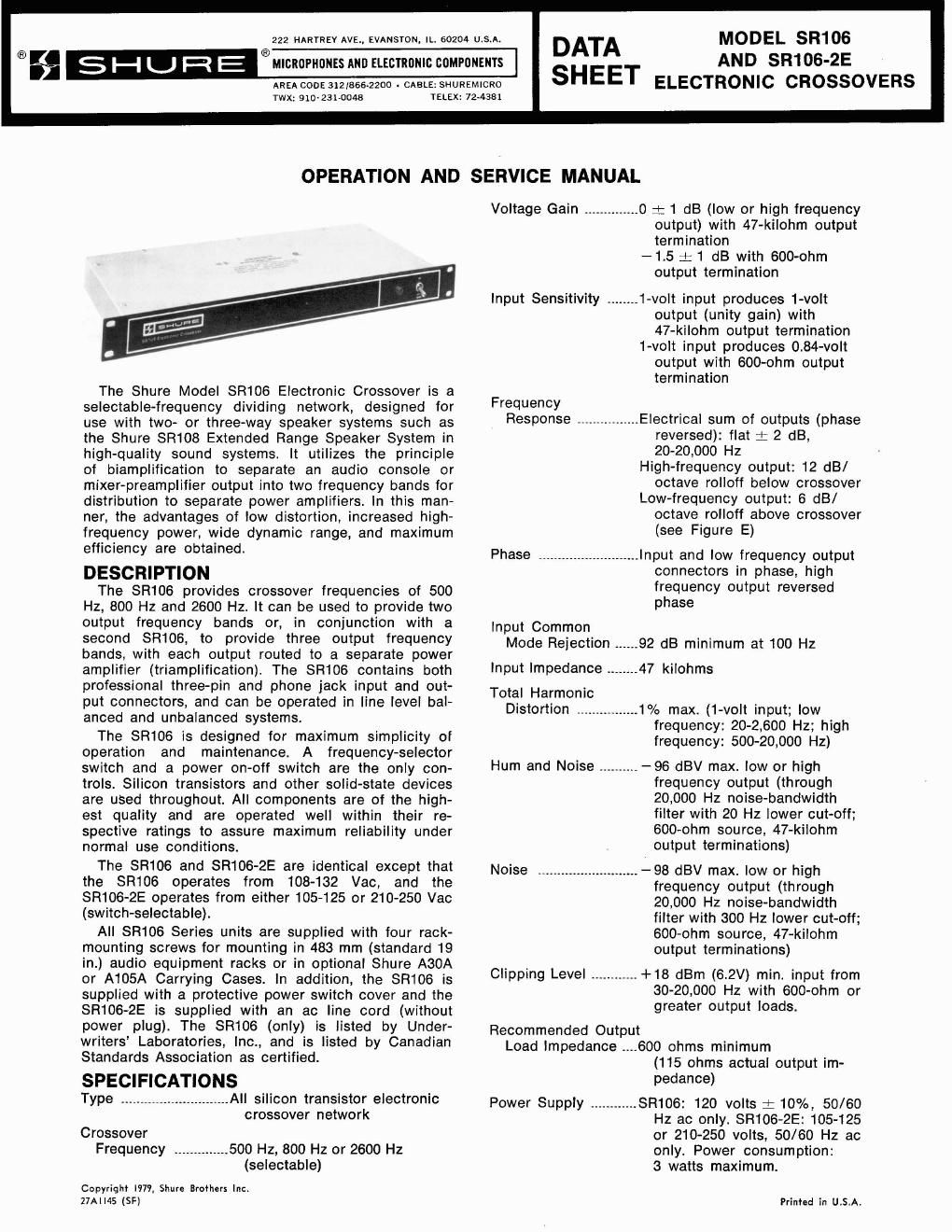 shure sr 106 service manual