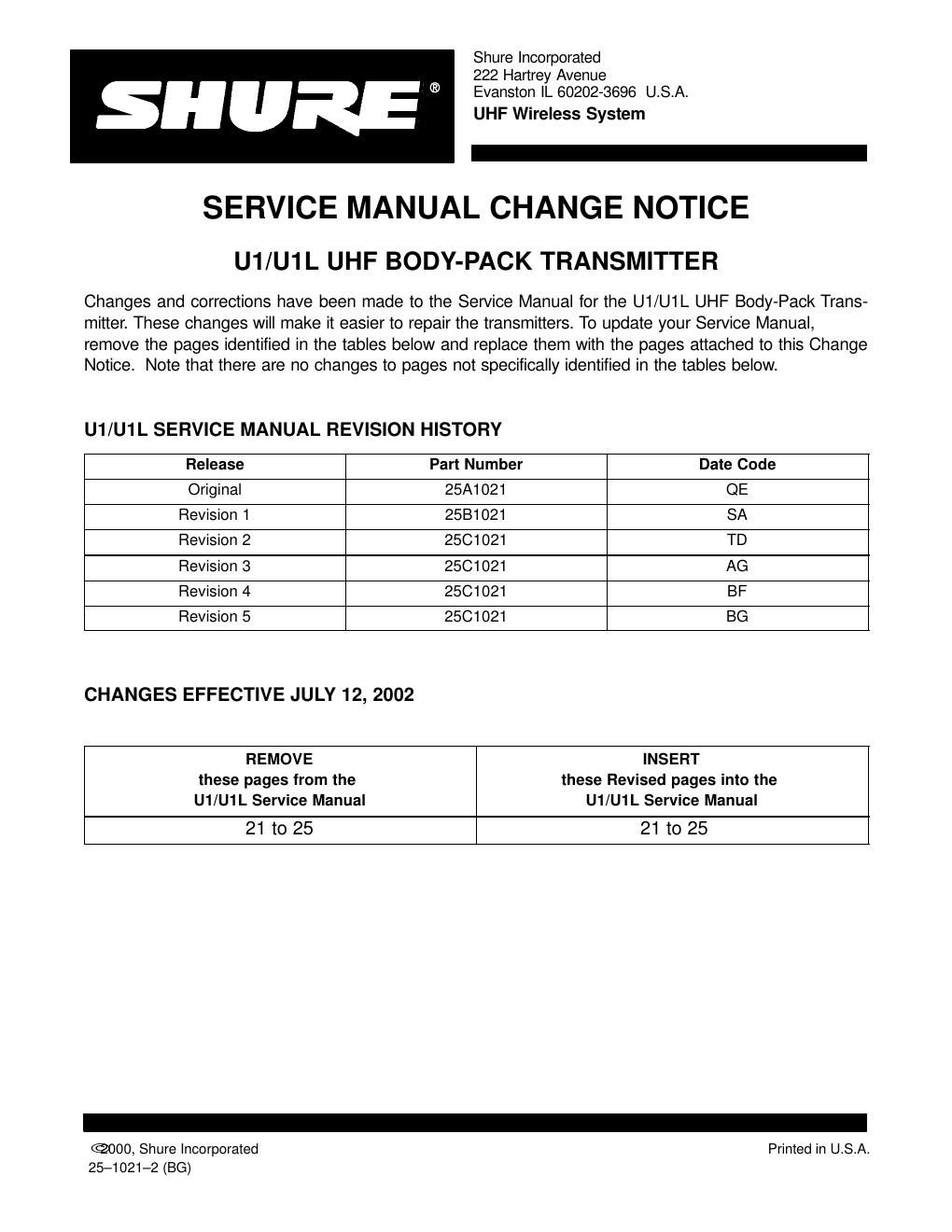 shure u1 u1l wireless transmitter service manual