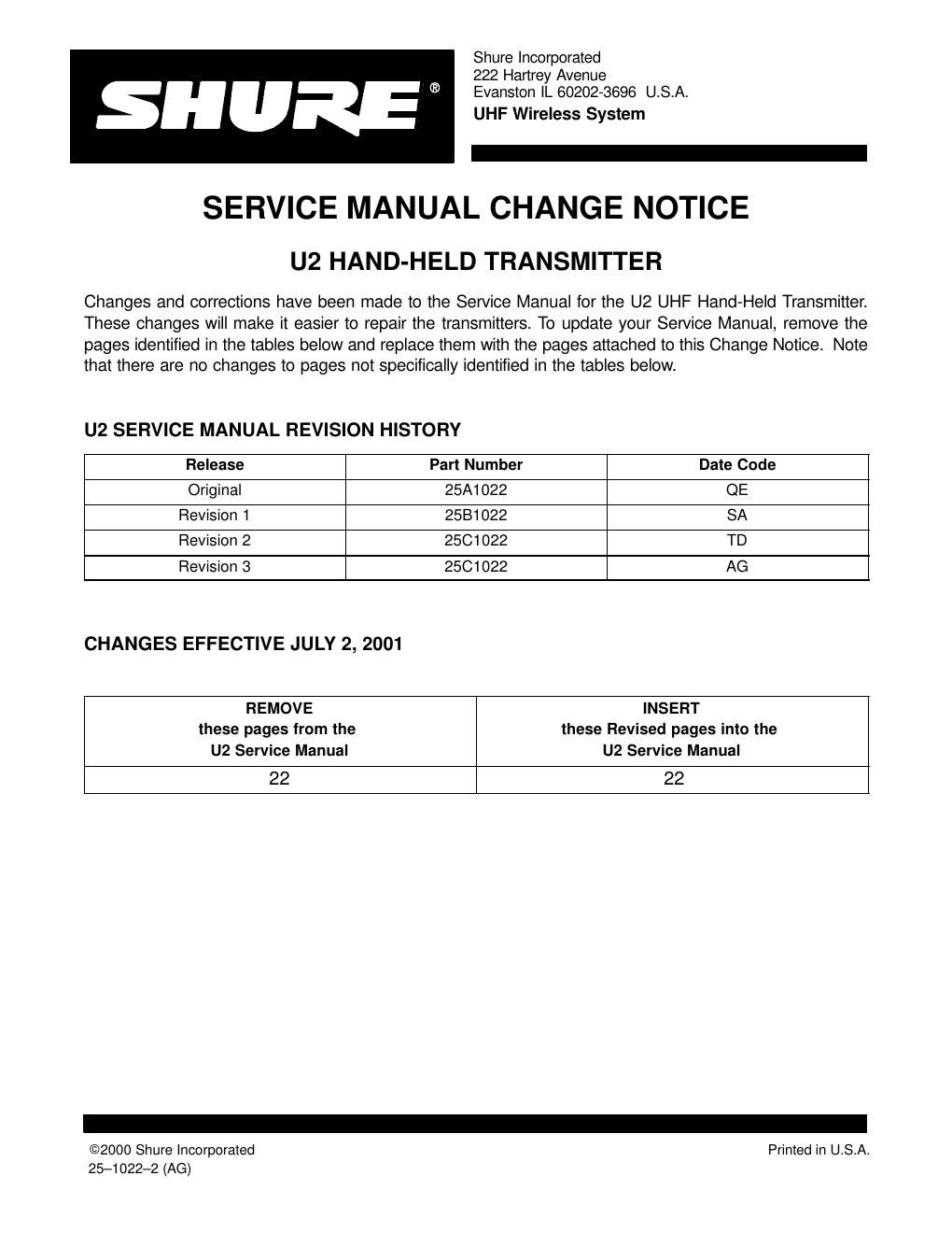 shure u2 service manual