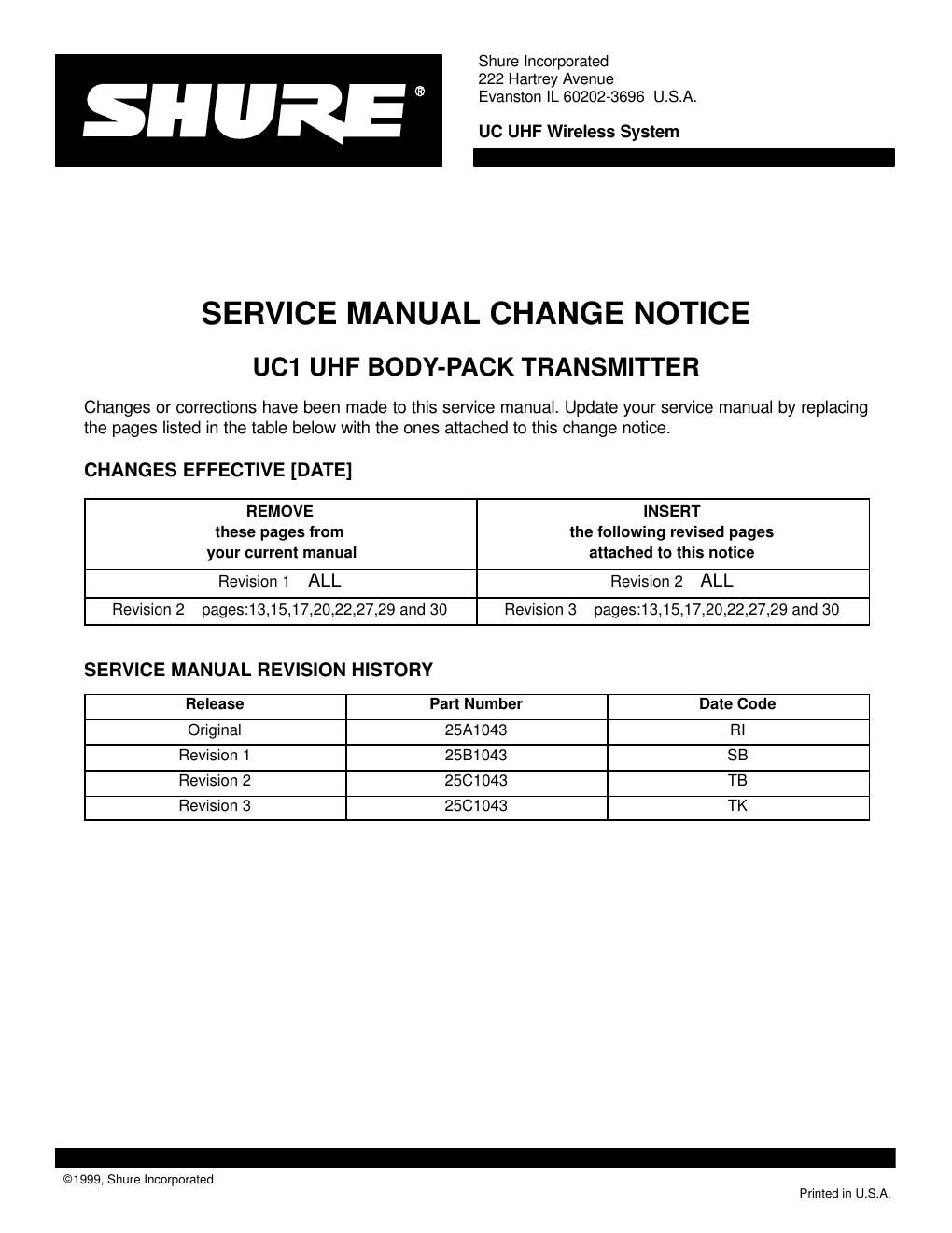 shure uc1 wireless transmitter service manual