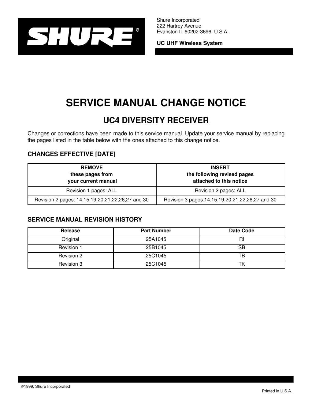 shure uc4 wireless receiver service manual