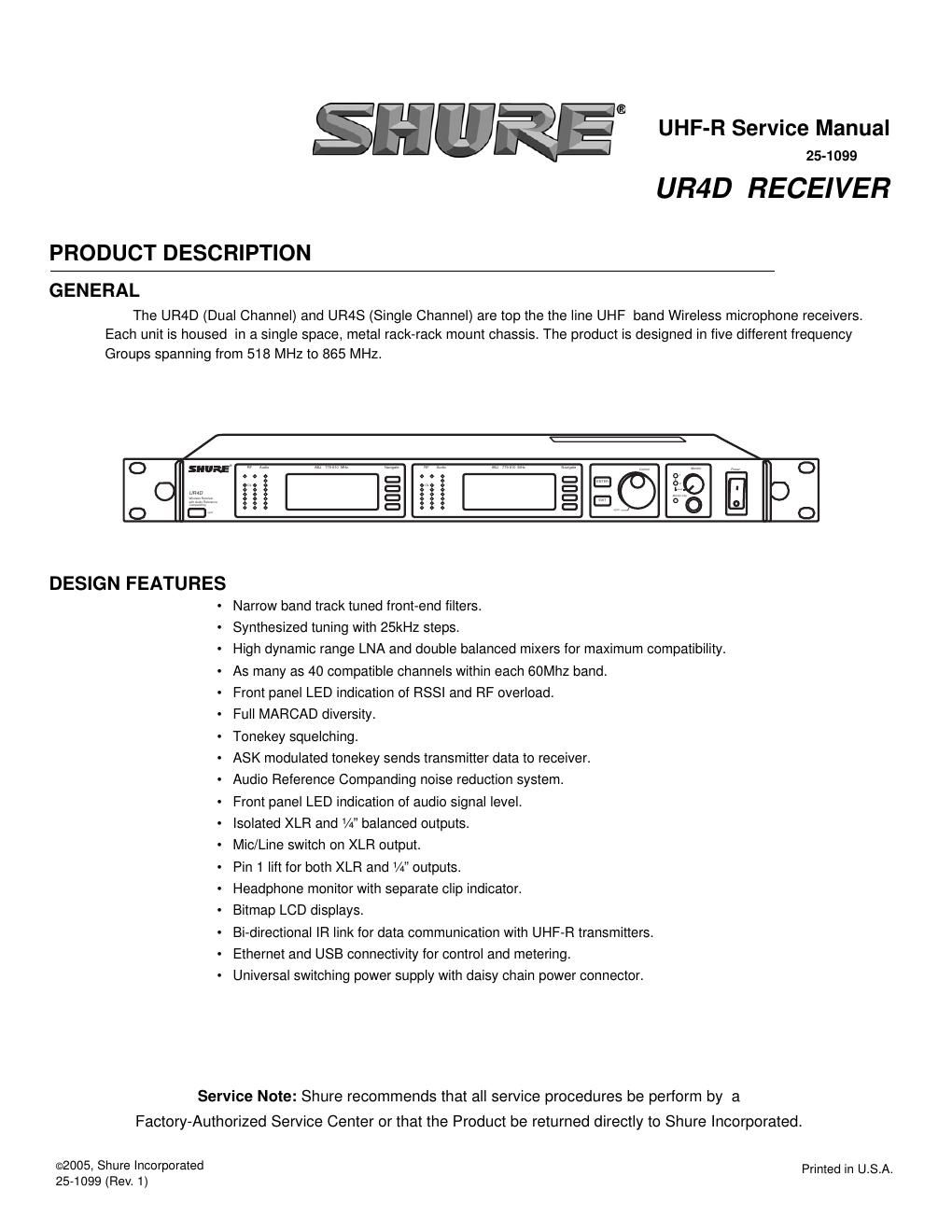 shure ur4d wireless micophone receiver service manual