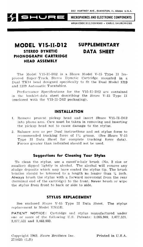 shure v15 ii d12 data sheet supplementary