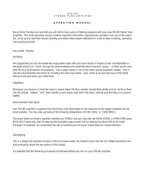 sonic frontiers sfs 80 owners manual