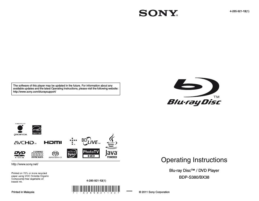 Sony BDP BX38 Owners Manual