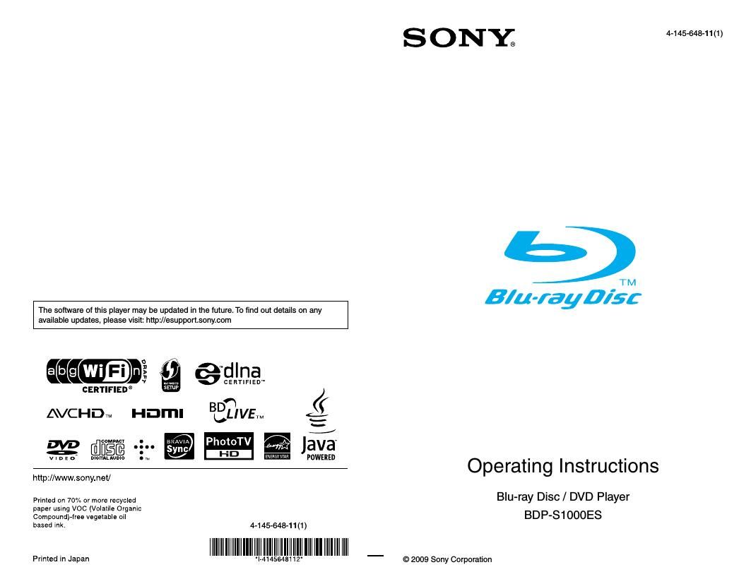 Sony BDP S1000ES Owners Manual