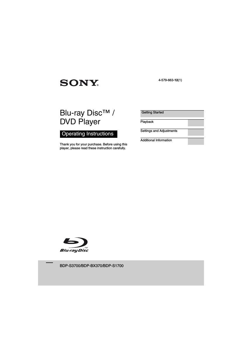 Sony BDP S1700 Owners Manual