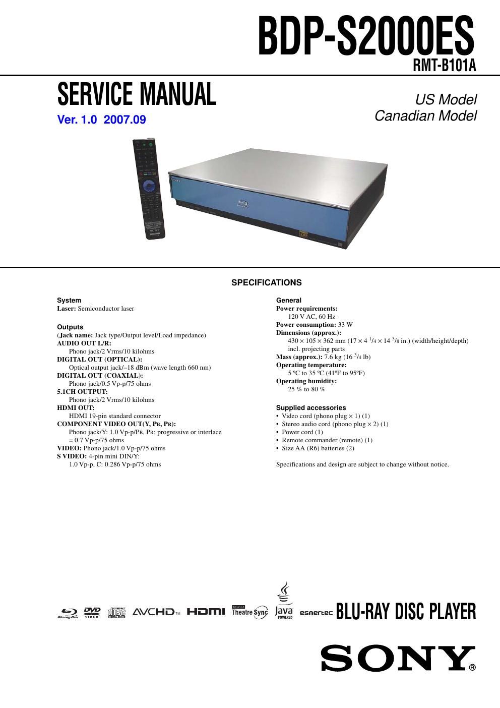 sony bdp s 2000 es service manual