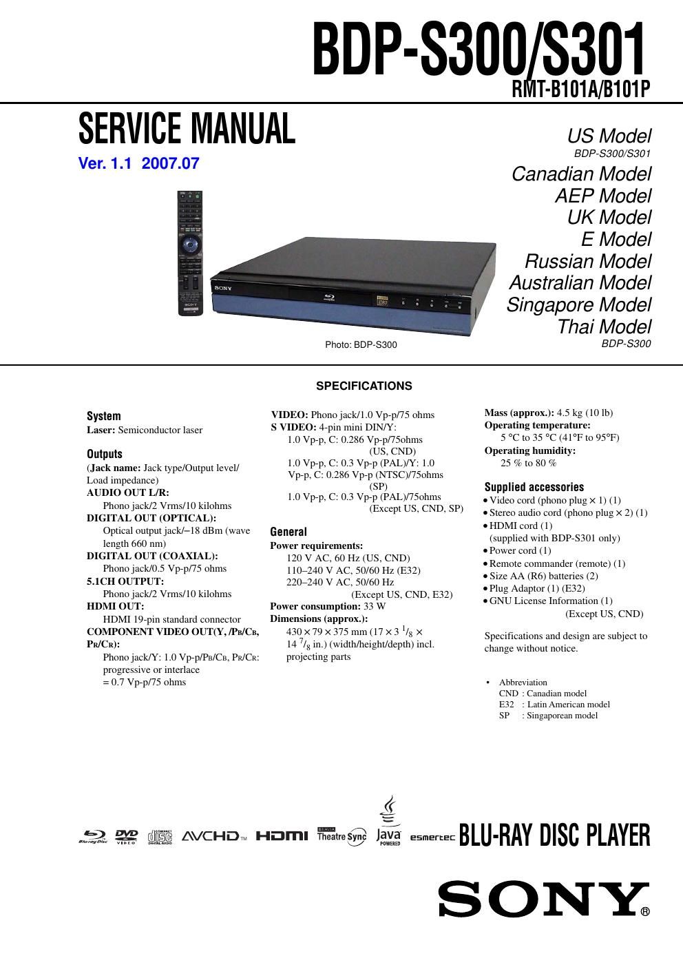 sony bdp s 300 service manual