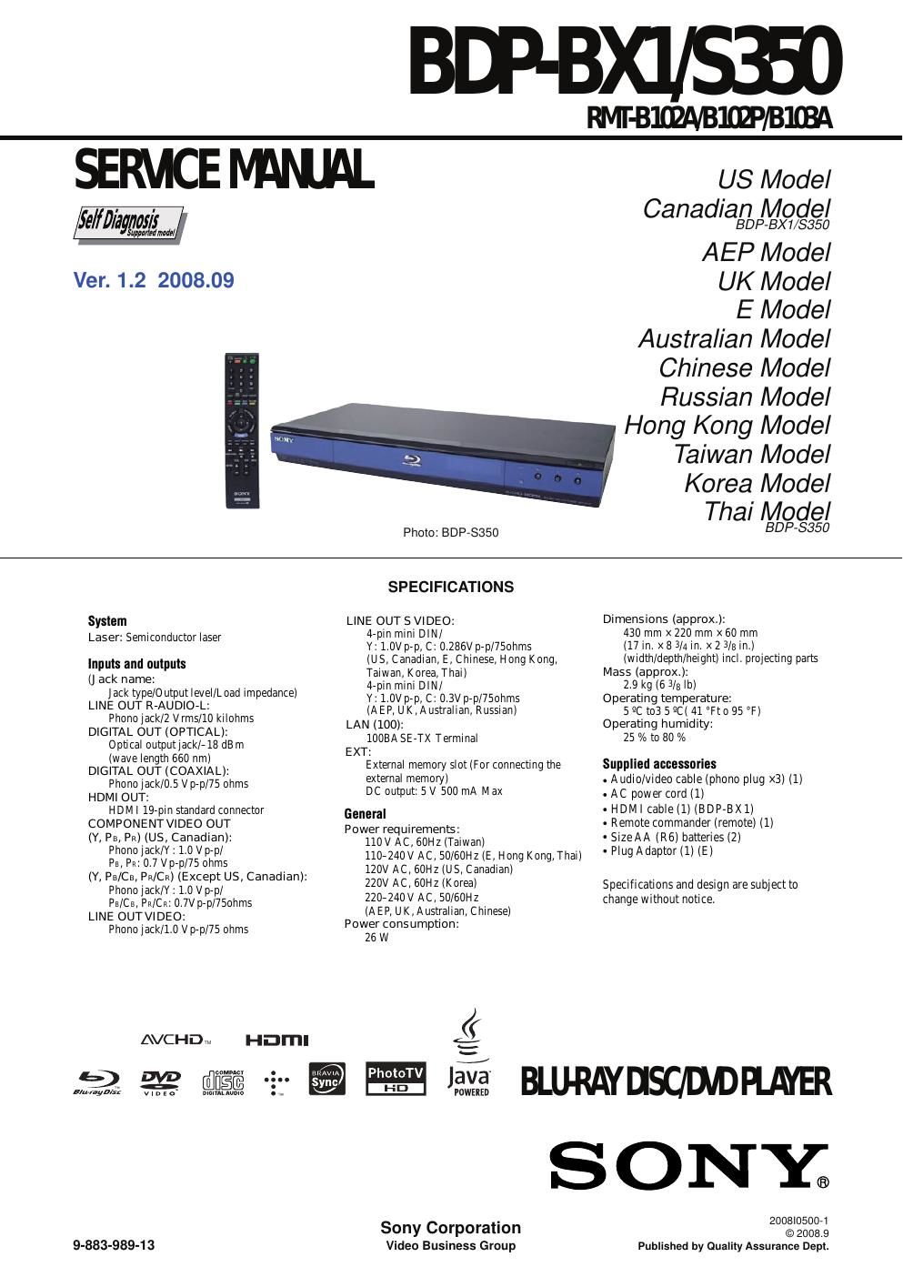 sony bdp s 350 service manual