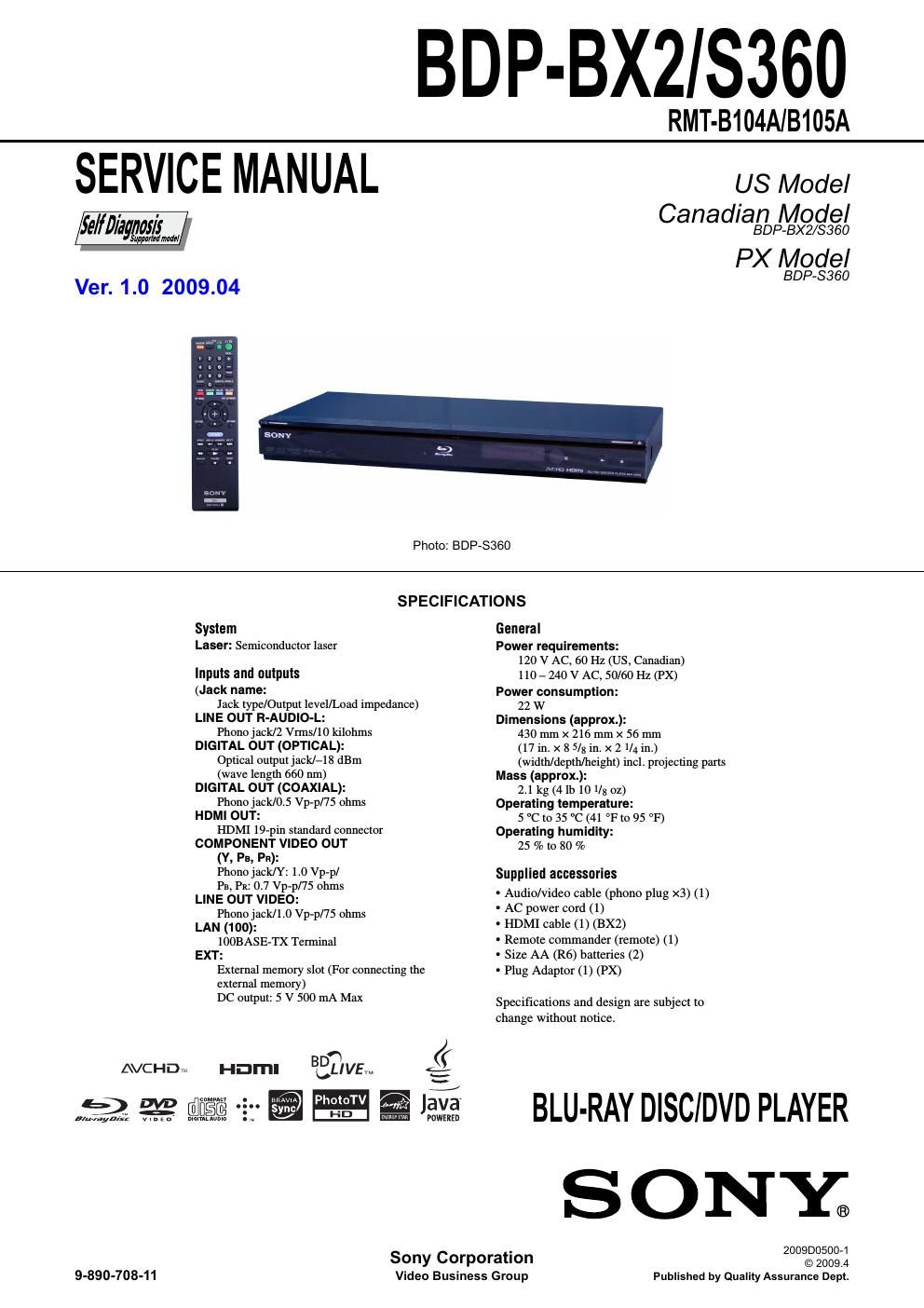 sony bdp s 360 service manual