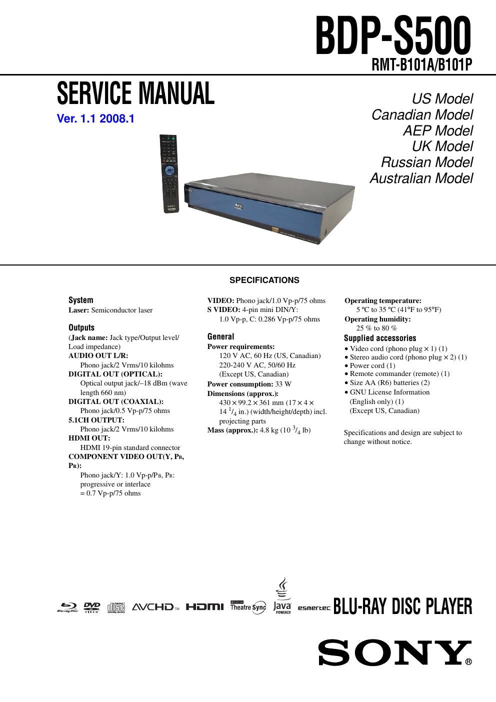 sony bdp s 500 service manual