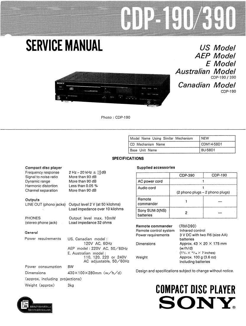 Sony CDP 190 Service Manual