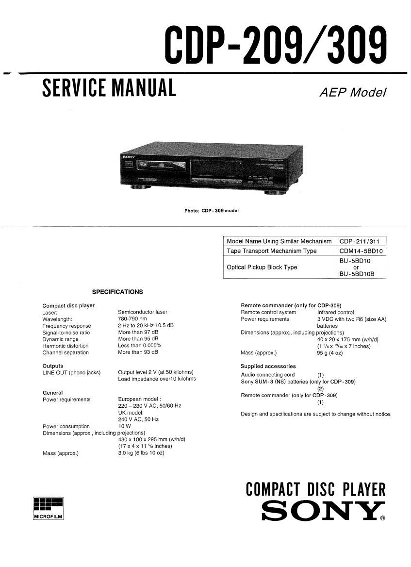 Sony CDP 209 Service Manual