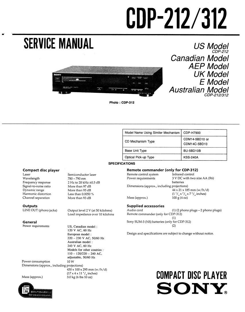 Sony CDP 212 Service Manual