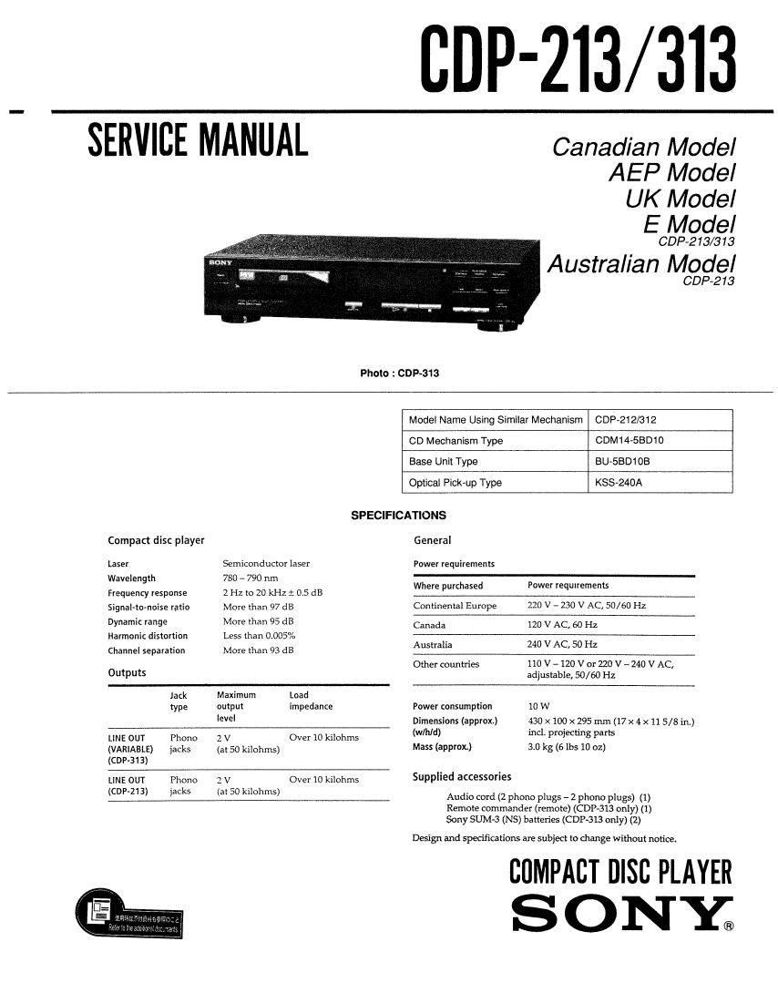 Sony CDP 213 Service Manual