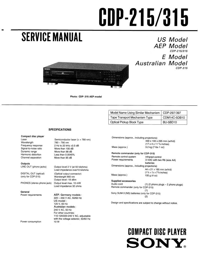 Sony CDP 215 Service Manual