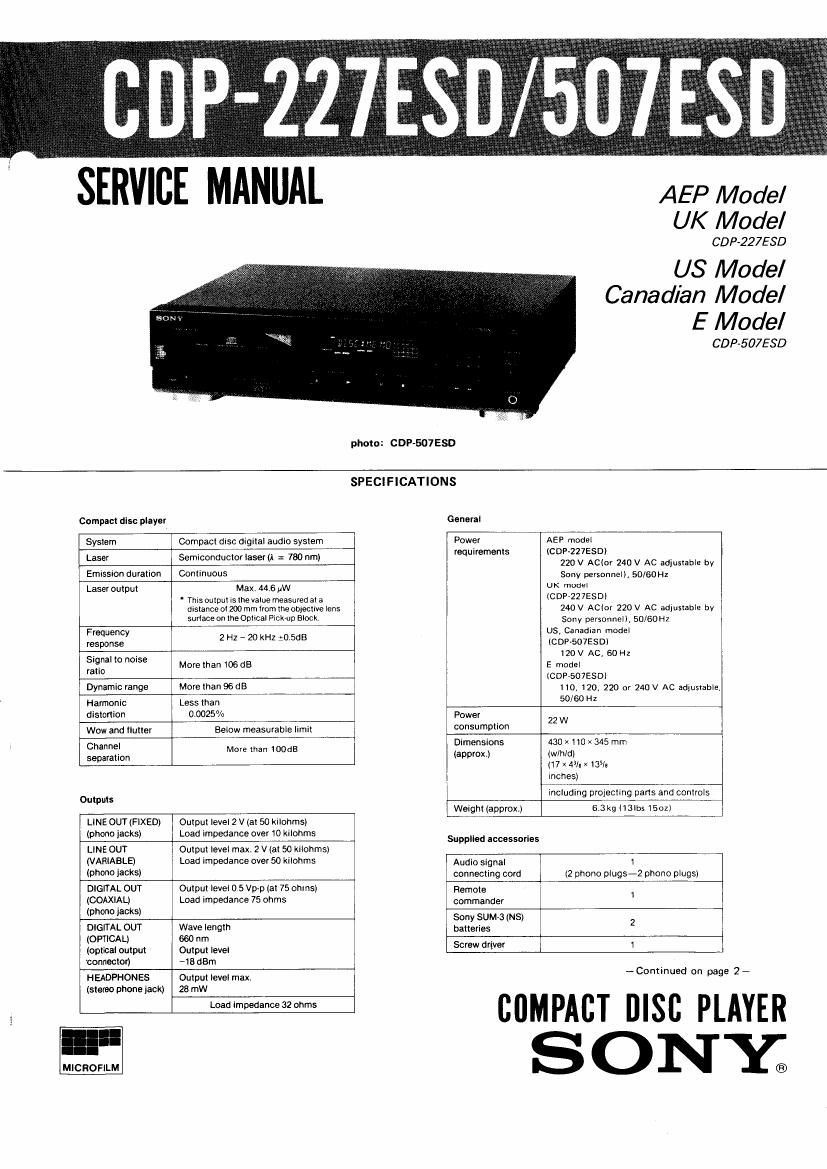 Sony CDP 227 ESD CDP 507 ESD Service Manual