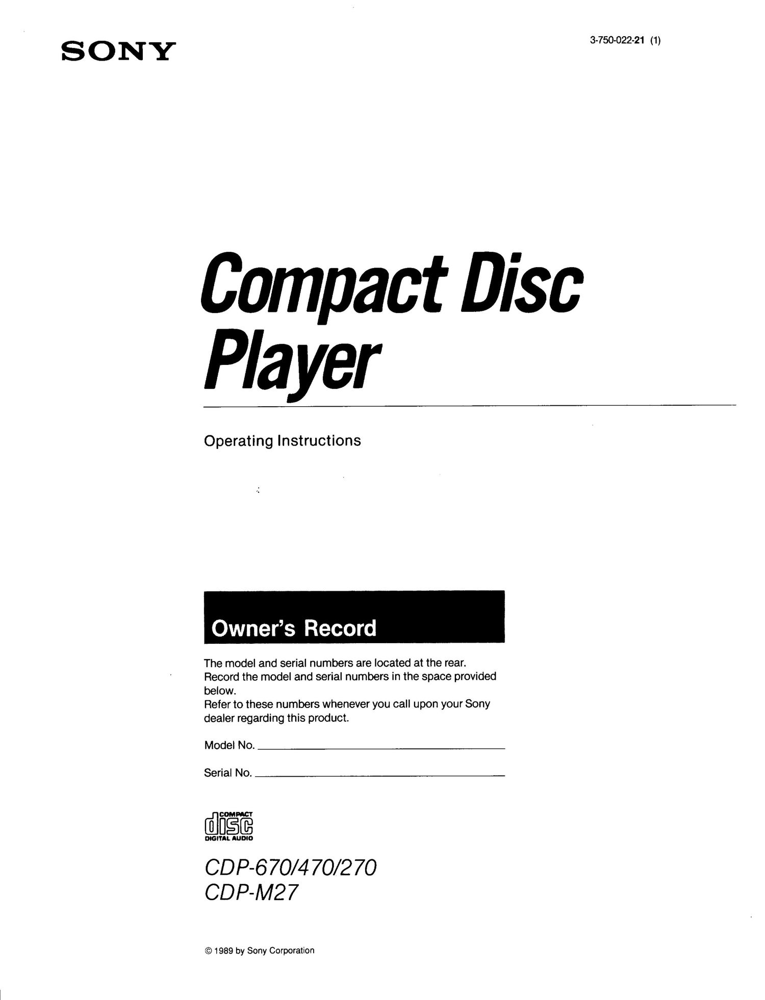 Sony CDP 270 Owners Manual