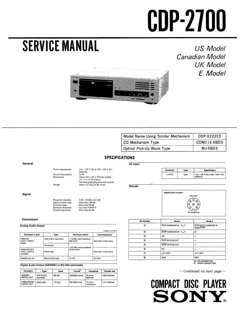 Sony CDP 2700 Service Manual