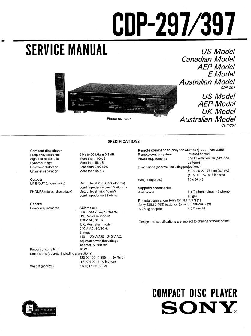 Sony CDP 297 CDP 397 Service Manual
