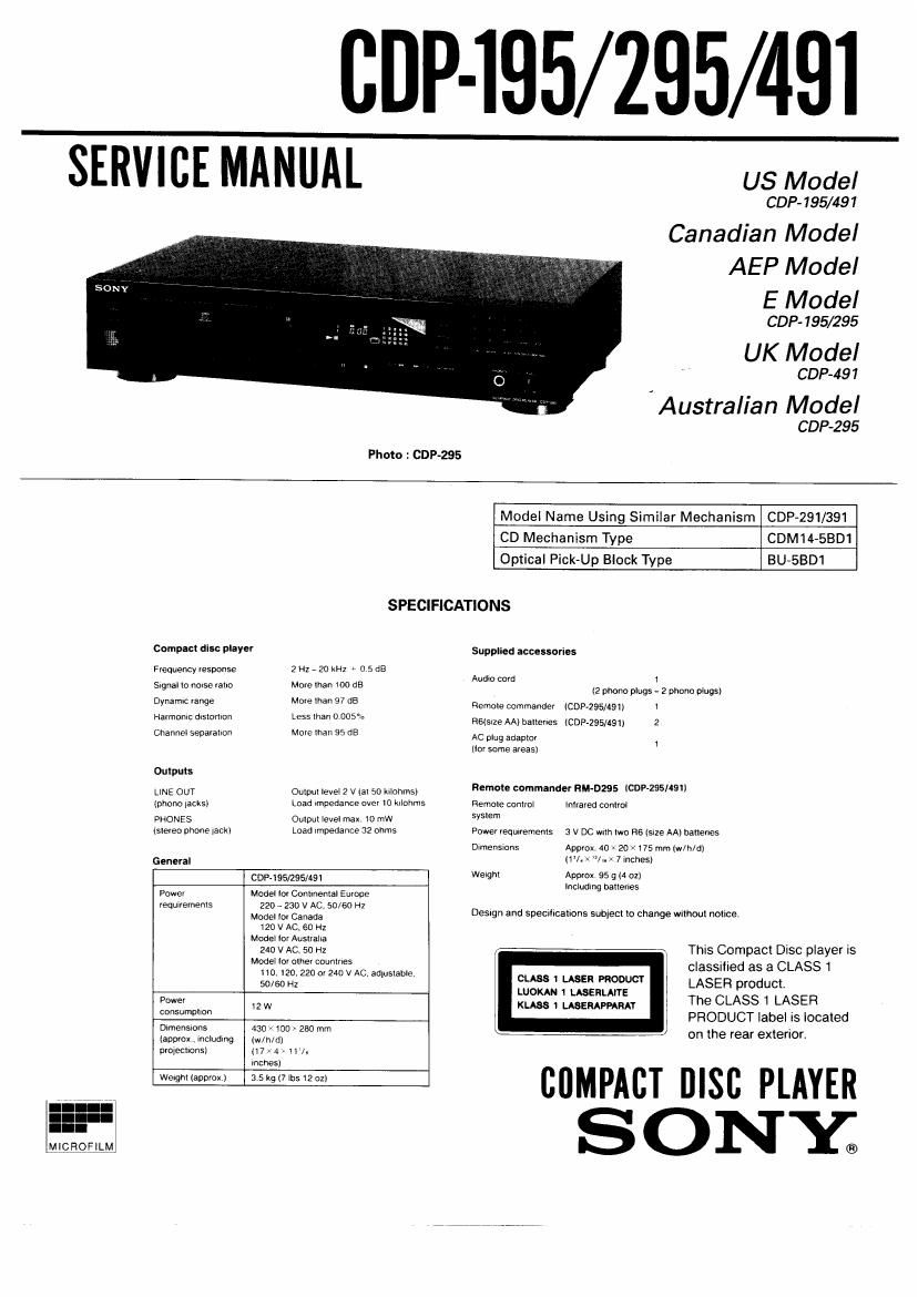 Sony CDP 491 Service Manual