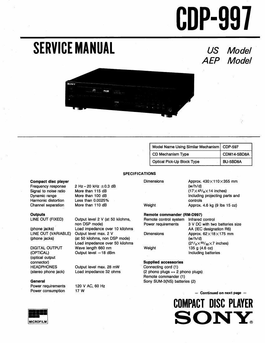 Sony CDP 997 Service Manual