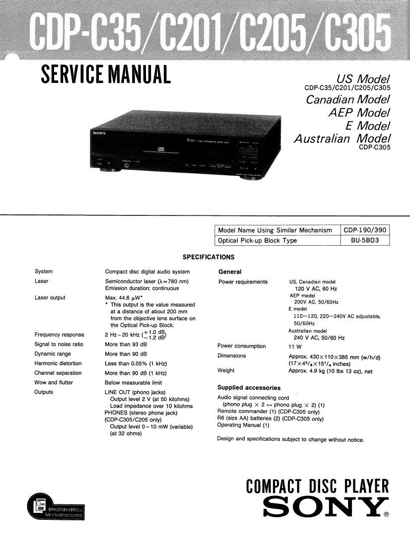 Sony CDP C305 Service Manual