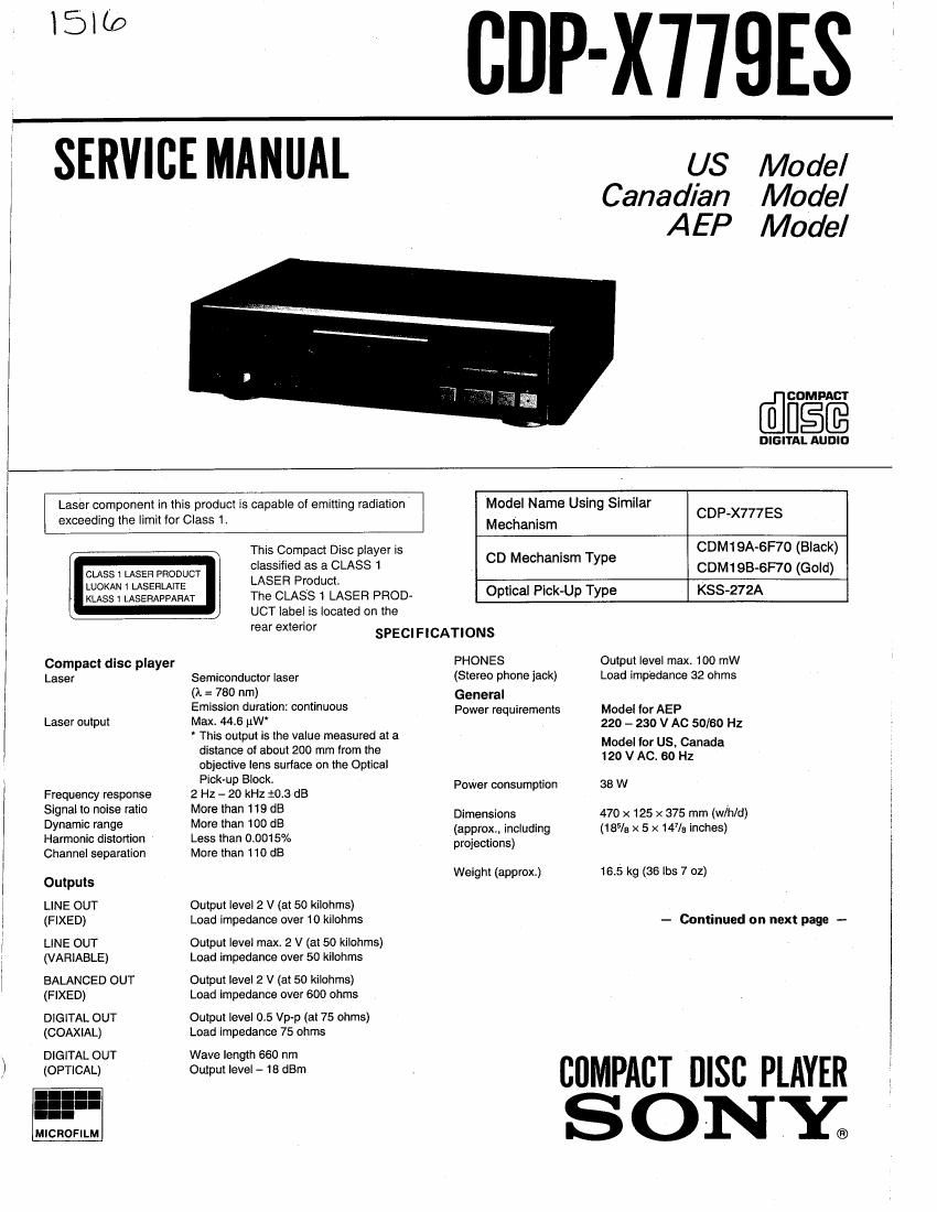 Sony CDP X779 ES Service Manual