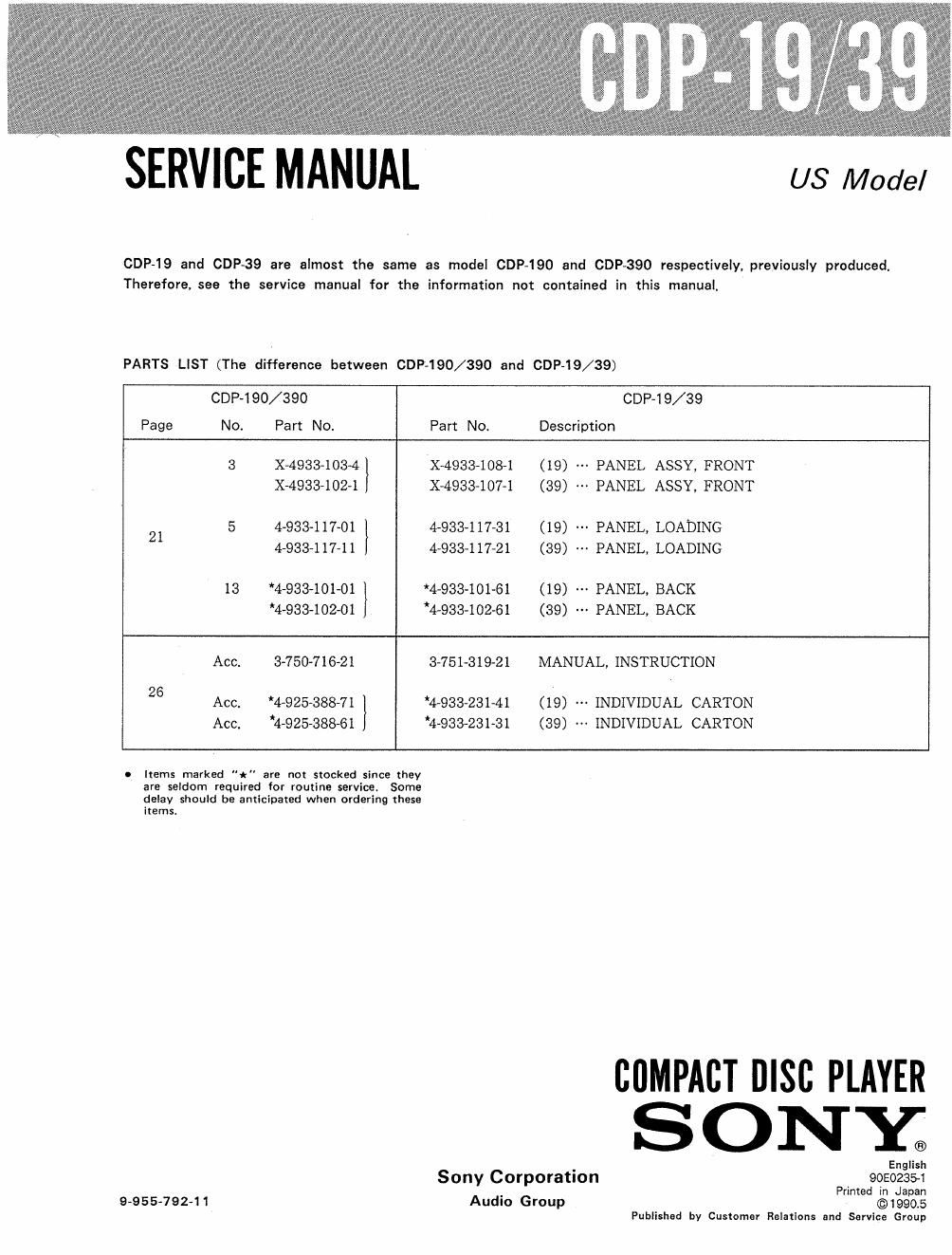 sony cdp 19 service manual