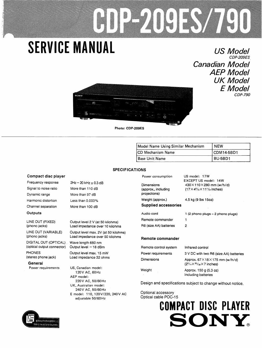 sony cdp 209 es service manual