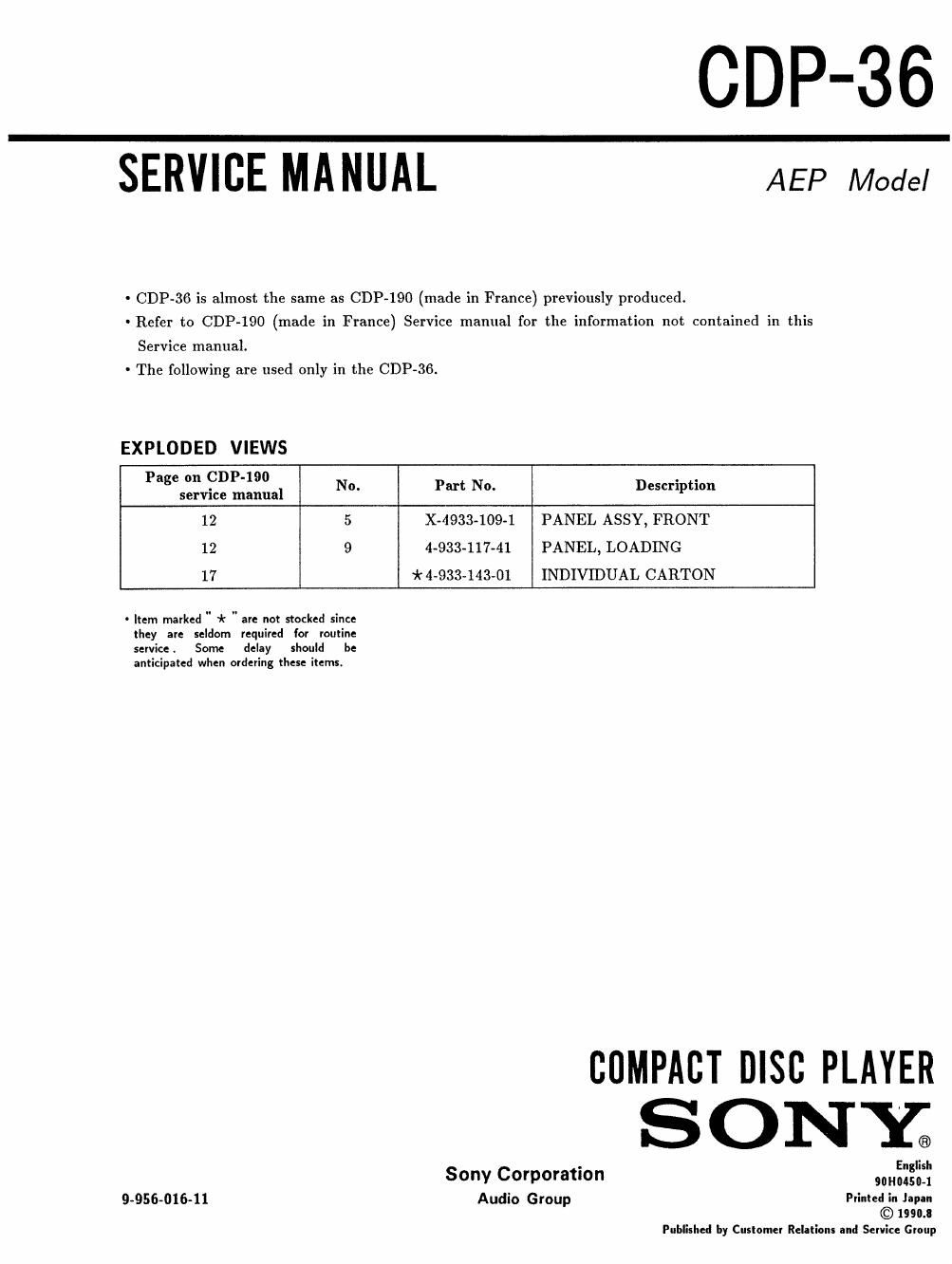 sony cdp 36 service manual