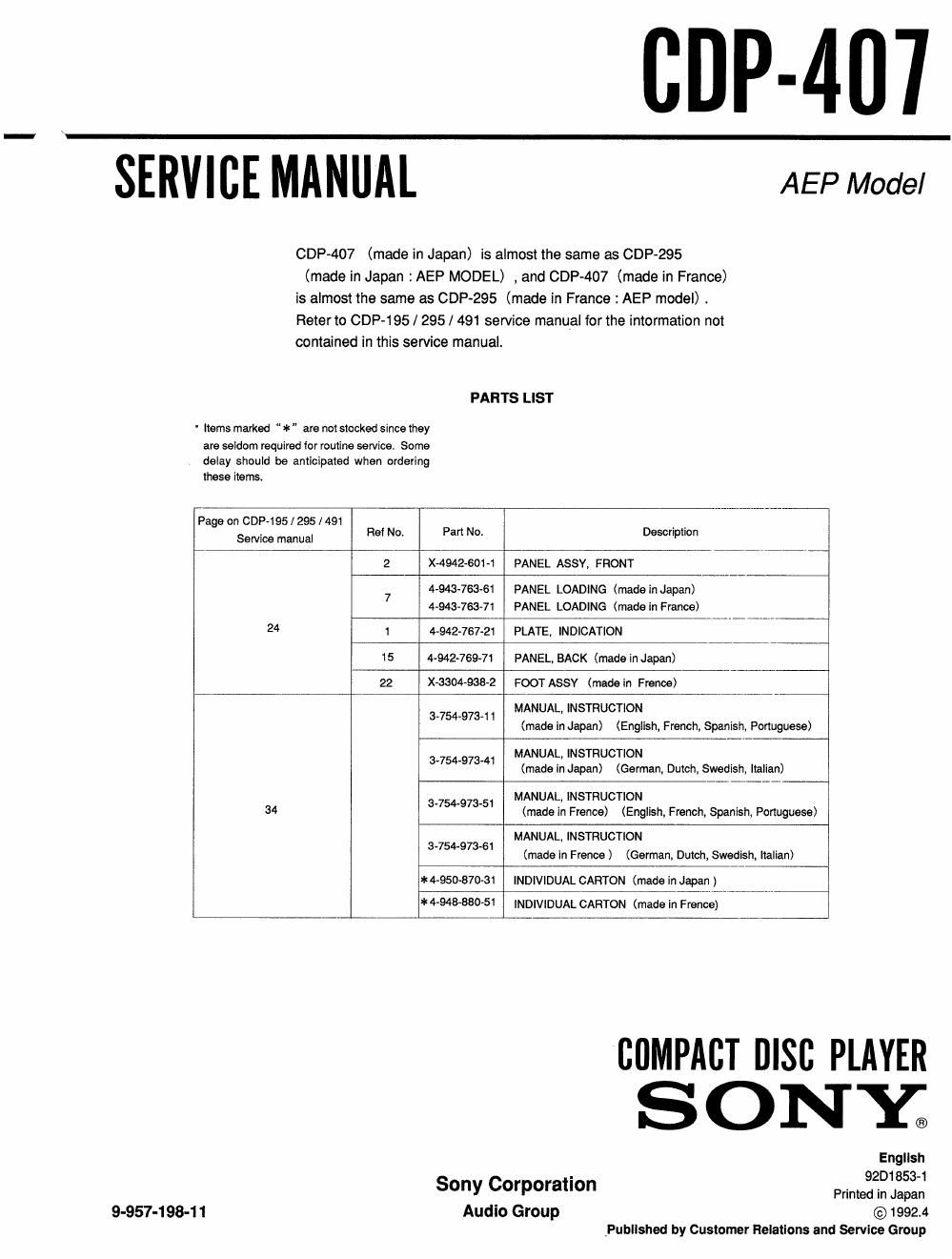 sony cdp 407 service manual
