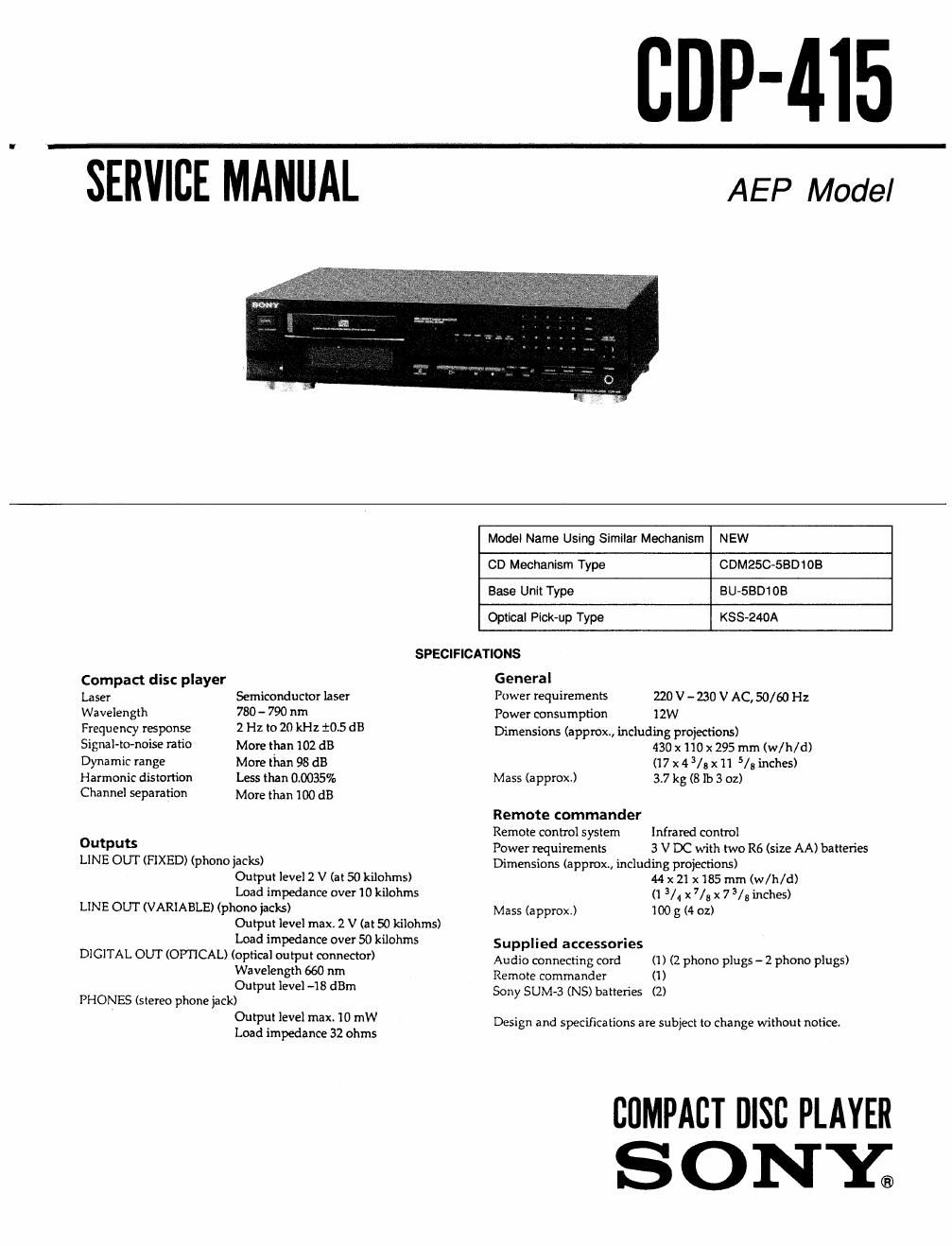 sony cdp 415 service manual