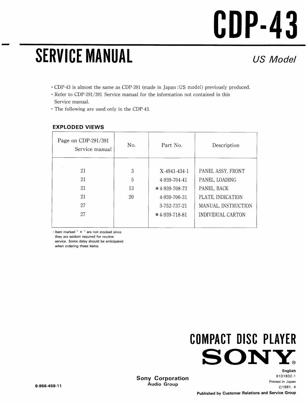 sony cdp 43 service manual