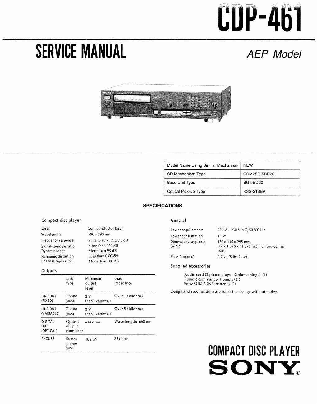 sony cdp 461 service manual