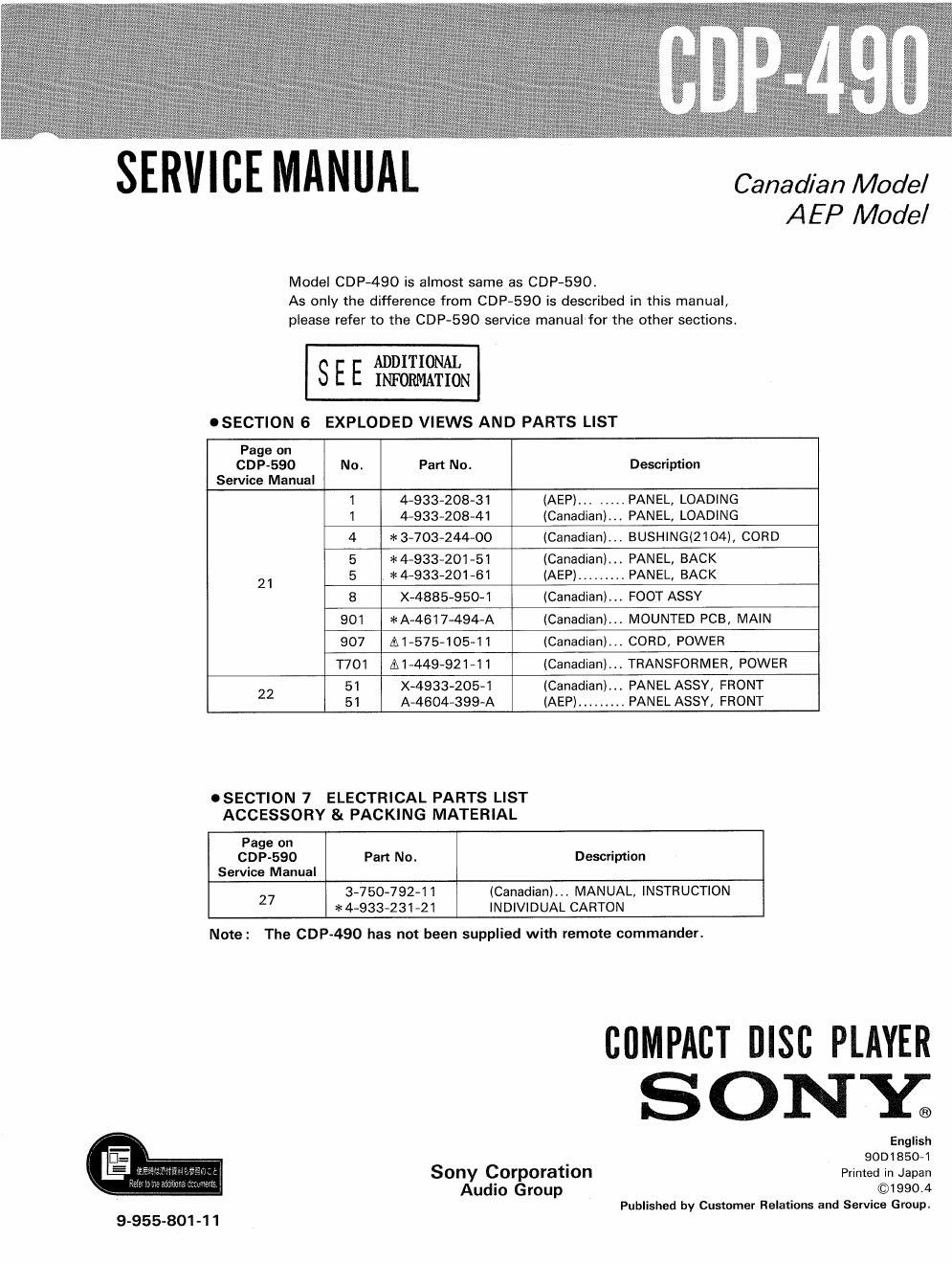 sony cdp 490 service manual