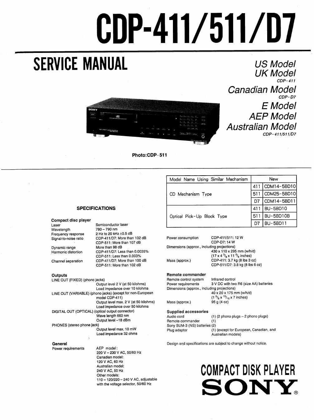 sony cdp 511 service manual
