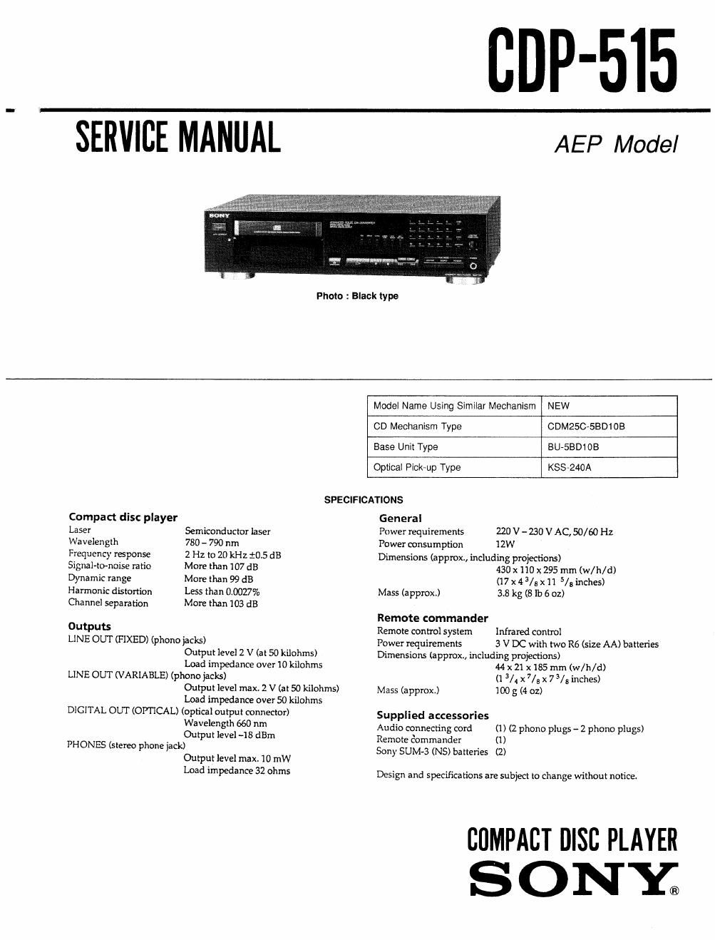 sony cdp 515 service manual